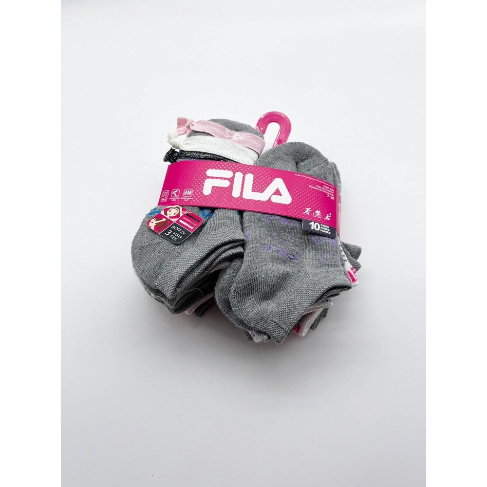 NWT Fila Little Girls Athletic No Show 10 Pairs Of Socks Bonus Hair Ties Sz 7-10
